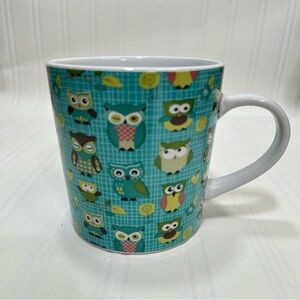 THL Whimsical and Fun Owl Patterned Coffee or Tea Mug - Teal Green and White